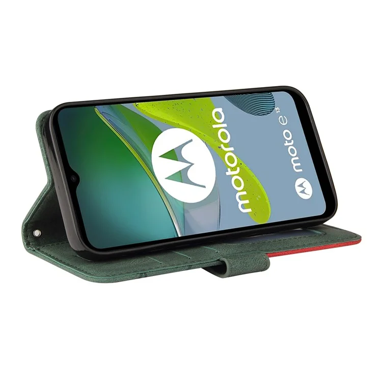 KT Leather Series-1 Leder-Wallet-Handy-Flip-Case für Motorola Moto E13 4G Zweifarbige Spaltung Stand Cover - Grün