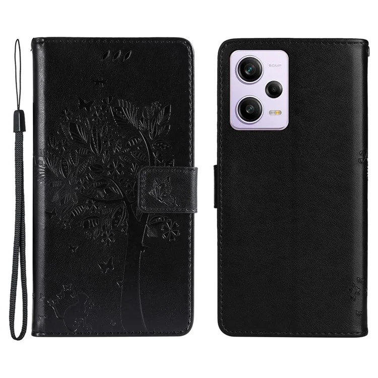 For Xiaomi Redmi Note 12 Pro 5G / Note 12 Pro Speed 5G / Poco X5 Pro 5G Case with Stand Cat Tree Pattern Leather Wallet Mobile Cover - Black