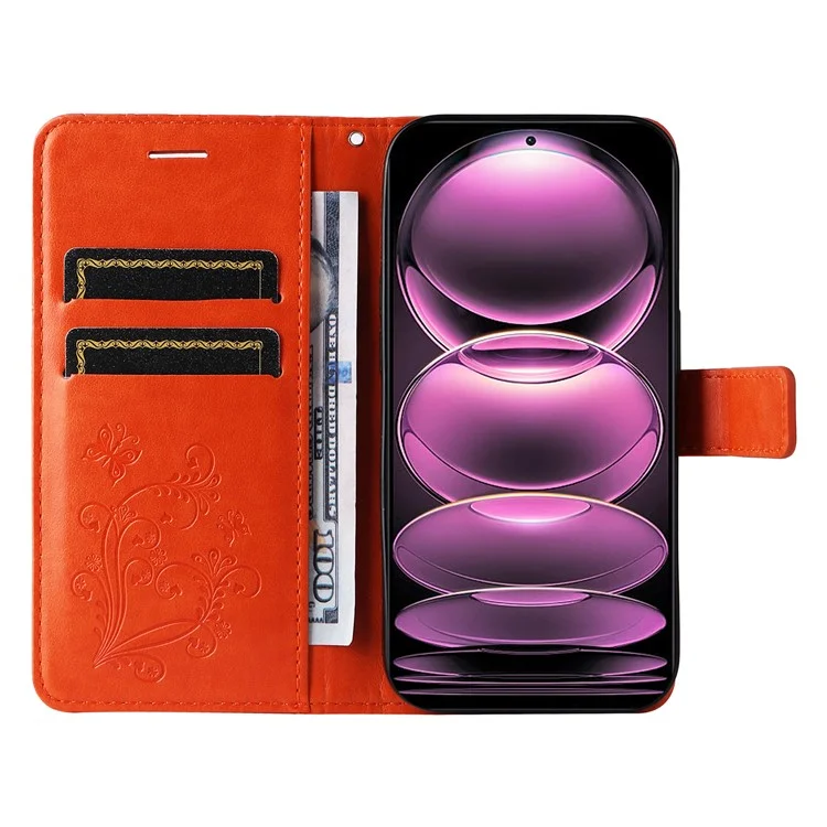 Série d'impression KT-2 pour Xiaomi Redmi Note 12 Pro 5G / Note 12 Pro Speed 5G / Poco X5 Pro 5G Étui en cuir Imprimer Papillon Support Portefeuille Housse de téléphone avec Sangle - Orange