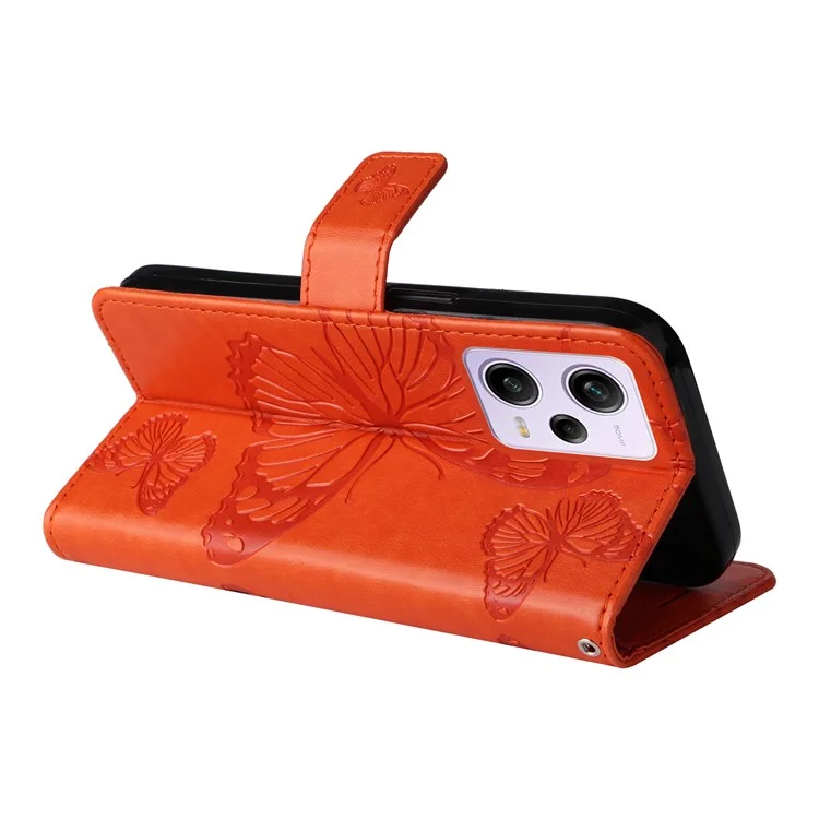 KT Imprinting Series-2 Per Xiaomi Redmi Note 12 Pro 5G (cina) /(india) Custodia in Pelle Exprinted Butterfly Stand Wallet Cover Con Cinturino - Arancia