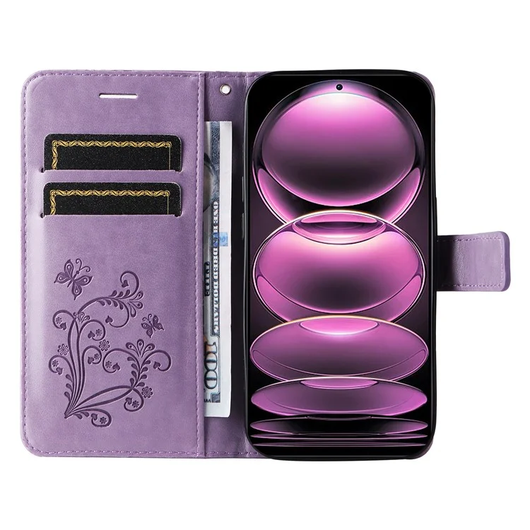 For Xiaomi Redmi Note 12 Pro 5G / Note 12 Pro Speed 5G / Poco X5 Pro 5G Wallet Case Floral Butterfly Imprinted Leather Phone Cover Stand - Purple