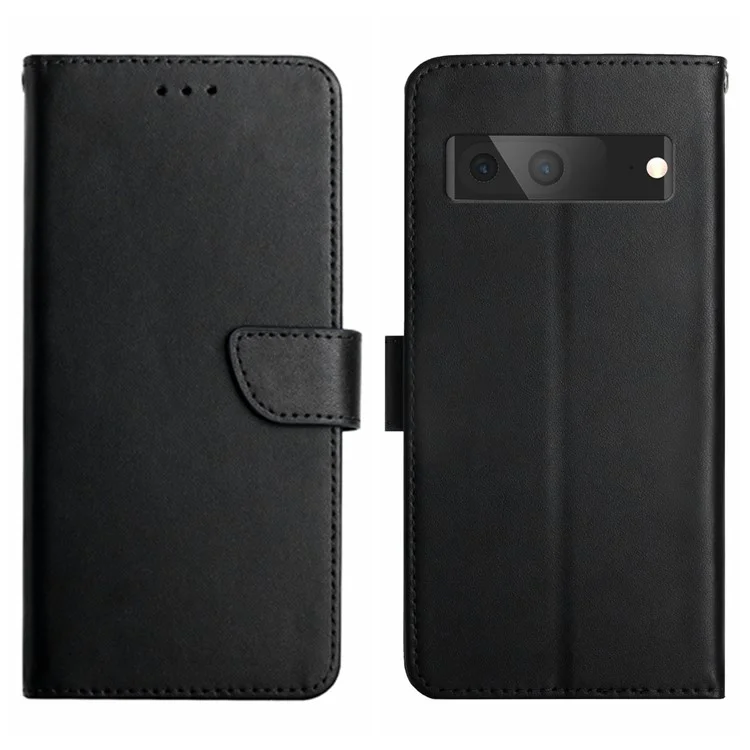 HT02 Genuine Leather Phone Case für Google Pixel 7a Stand Wallet Schockfeste Schutzhülle - Schwarz