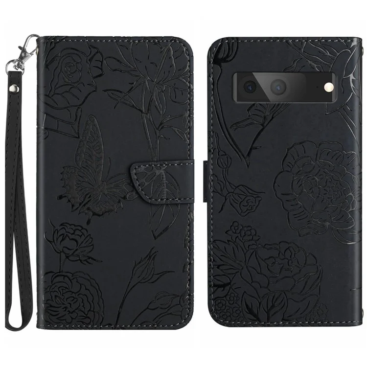 HT03 Butterfly Flowers Phone Case per Google Pixel 7a Custodia in pelle PU con supporto e tracolla - Nero