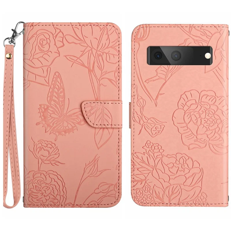HT03 Butterfly Flowers Phone Case für Google Pixel 7a PU Leder Standfunktion Brieftasche Cover mit Gurt - Pink
