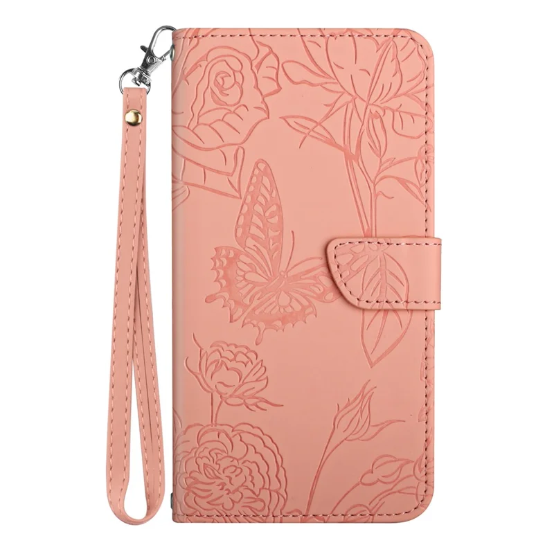 HT03 Butterfly Flowers Phone Case für Google Pixel 7a PU Leder Standfunktion Brieftasche Cover mit Gurt - Pink