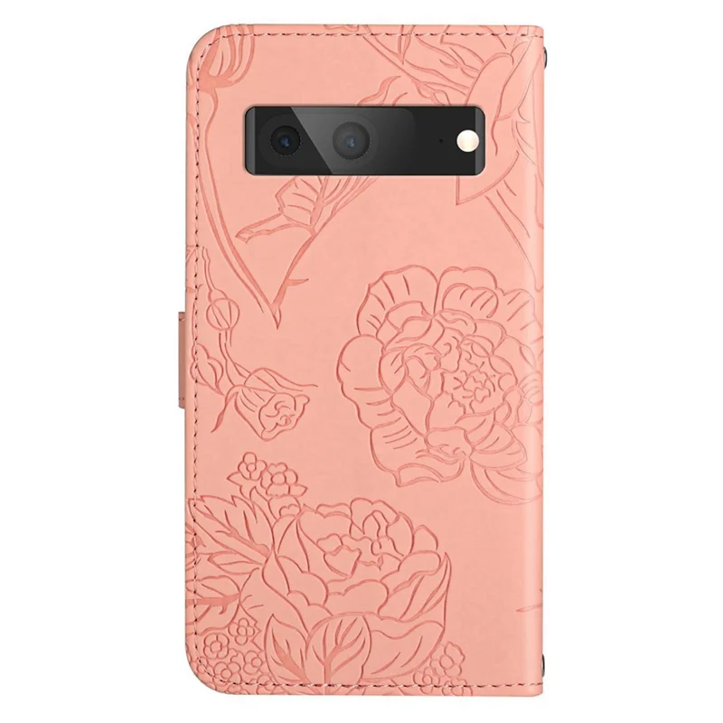 HT03 Butterfly Flowers Phone Case für Google Pixel 7a PU Leder Standfunktion Brieftasche Cover mit Gurt - Pink