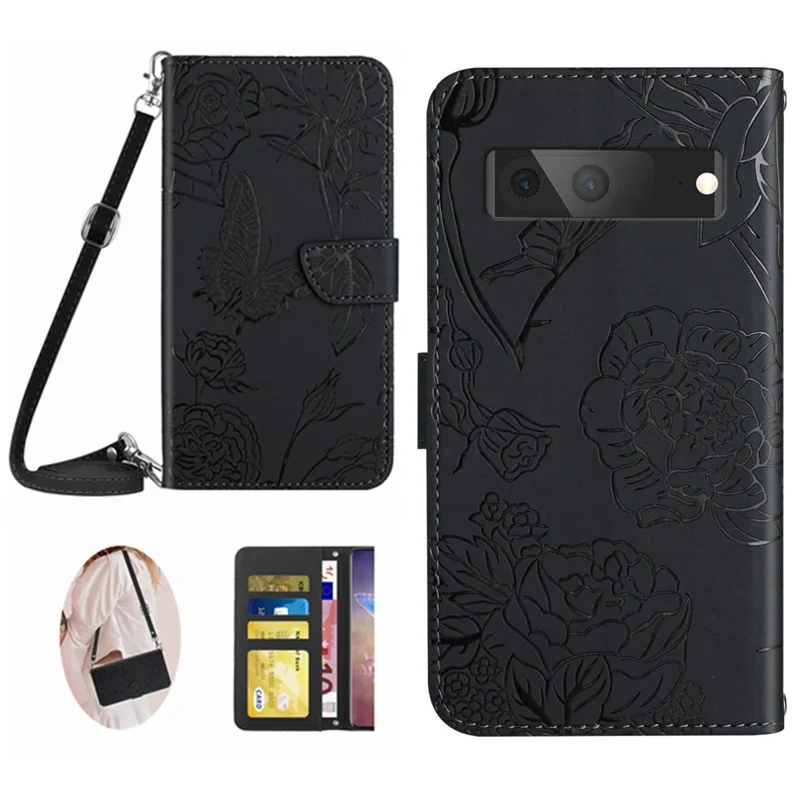 HT03 Phone Case for Google Pixel 7a PU Leather Butterfly Flowers Imprinted Stand Wallet Cover with Shoulder Strap - Black