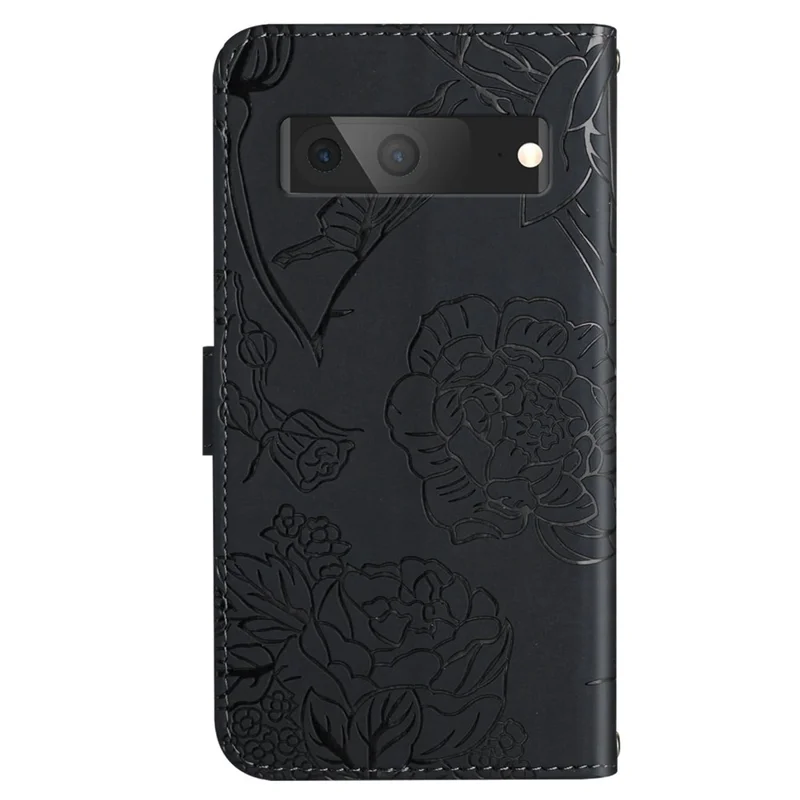 HT03 Phone Case for Google Pixel 7a PU Leather Butterfly Flowers Imprinted Stand Wallet Cover with Shoulder Strap - Black