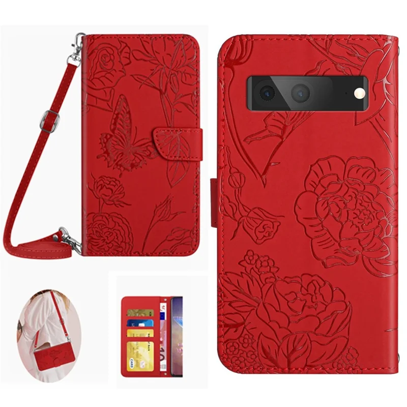 HT03 Phone Case für Google Pixel 7a PU-Leder Schmetterlinge Blumen geprägte Ständer Brieftasche Cover mit Schultergurt - Rot
