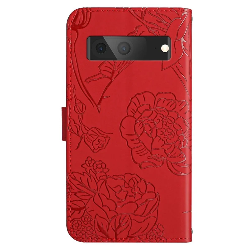 HT03 Phone Case für Google Pixel 7a PU-Leder Schmetterlinge Blumen geprägte Ständer Brieftasche Cover mit Schultergurt - Rot