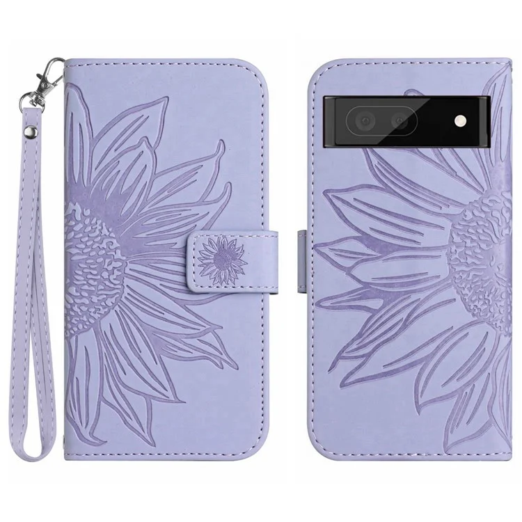 HT04 Phone Case per Google Pixel 7a Custodia in Pelle PU con Motivo a Girasole Portafoglio Custodia per Telefono con Tracolla - Viola Chiaro