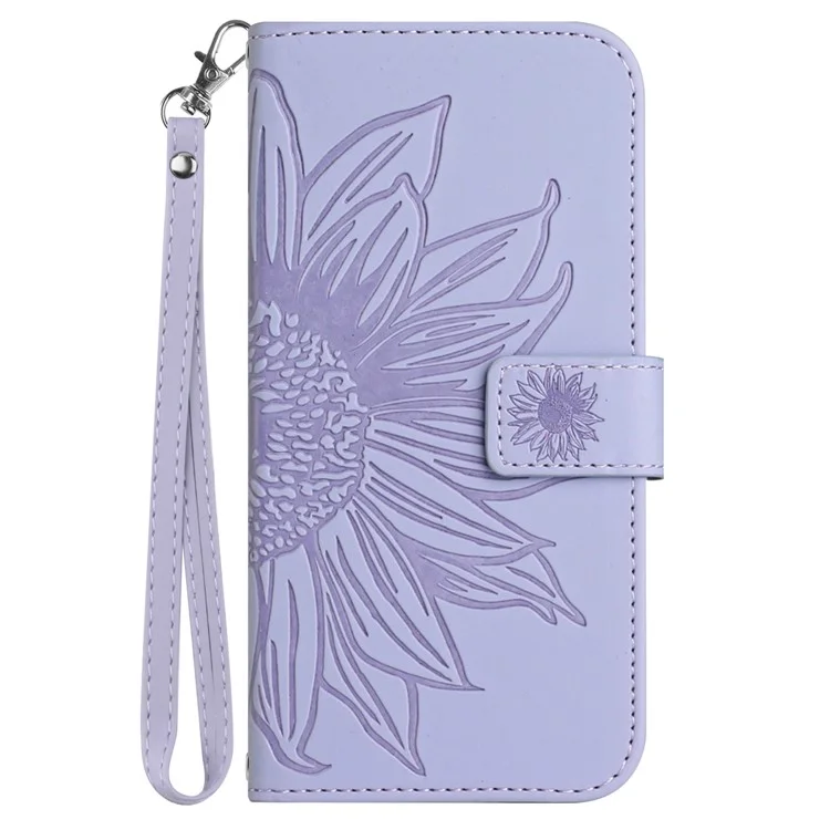 HT04 Phone Case per Google Pixel 7a Custodia in Pelle PU con Motivo a Girasole Portafoglio Custodia per Telefono con Tracolla - Viola Chiaro