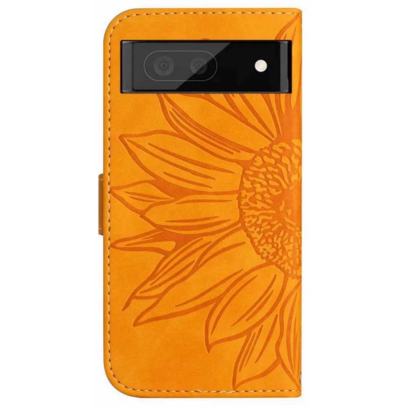 HT04 PU Leather Case for Google Pixel 7a Phone Cover with Shoulder Strap, Sunflower Pattern Wallet Phone Shell - Yellow