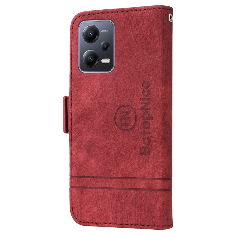 BETOPNICE 001 Capa de Telefone para Xiaomi Redmi Note 12 5G (Global) / (Índia) / (China) / Poco X5 5G / Carteira com Apoio Estampada Linha de Costura Capa de Couro PU - Vermelho