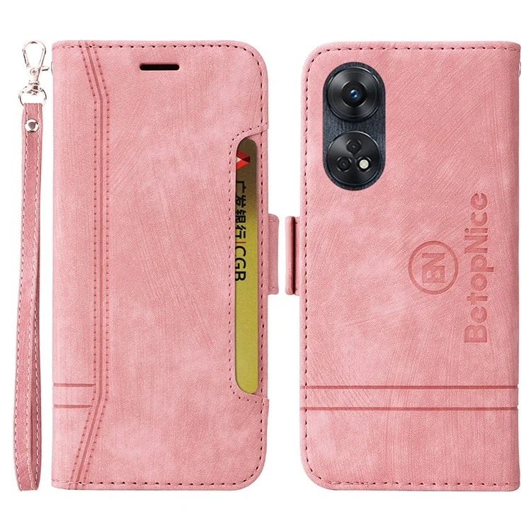 BETOPNICE 001 Phone Case for Oppo Reno8 T 4G , Stitching Imprinted Line PU Leather Cover Wallet Stand - Pink