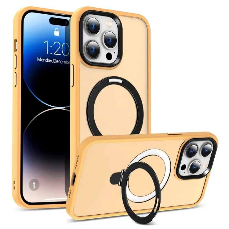 For iPhone 14 Pro Max Magnetic Ring Kickstand Phone Cover PC+TPU Phone Cover Compatible with MagSafe - Orange