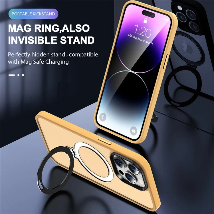 For iPhone 14 Pro Max Magnetic Ring Kickstand Phone Cover PC+TPU Phone Cover Compatible with MagSafe - Orange