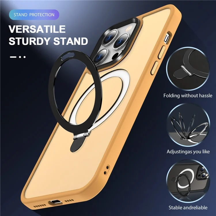 For iPhone 14 Pro Max Magnetic Ring Kickstand Phone Cover PC+TPU Phone Cover Compatible with MagSafe - Orange