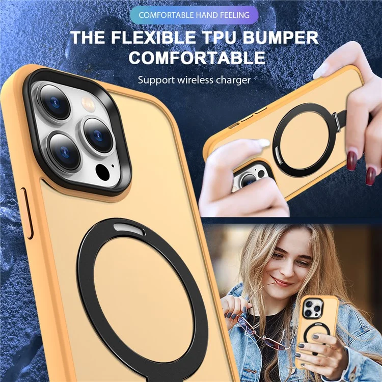 For iPhone 14 Pro Max Magnetic Ring Kickstand Phone Cover PC+TPU Phone Cover Compatible with MagSafe - Orange