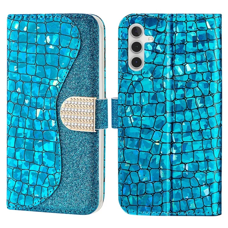 Pour Samsung Galaxy A34 5G Glitter Splicing PU Leather Case Crocodile Texture Flip Stand Wallet Protective Cover - Bleu