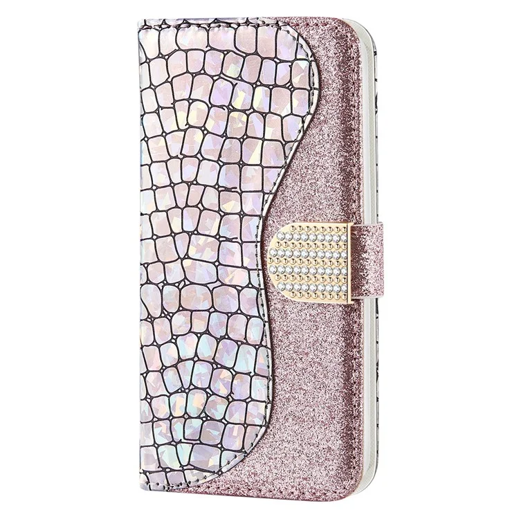 For Samsung Galaxy A54 5G Wallet PU Leather Case Glitter Splicing Crocodile Texture Stand Phone Cover - Rose Gold
