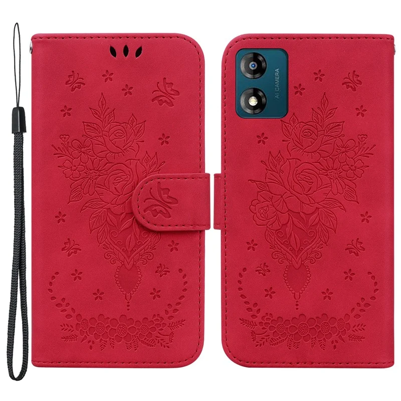 Pour Motorola Moto E13 4G PU Leather Stand Case Rose Butterfly Imprinted Magnetic Flip Phone Shell Cover - Red