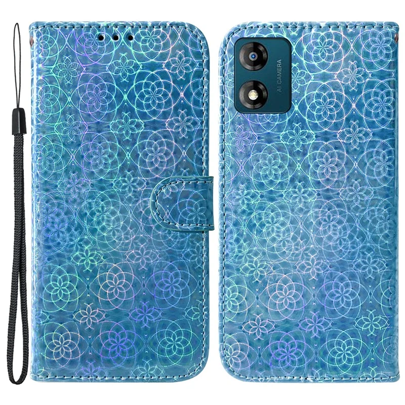 For Motorola Moto E13 4G Stand Wallet Phone Case Dazzling Flower Pattern PU Leather Cell Phone Cover - Blue