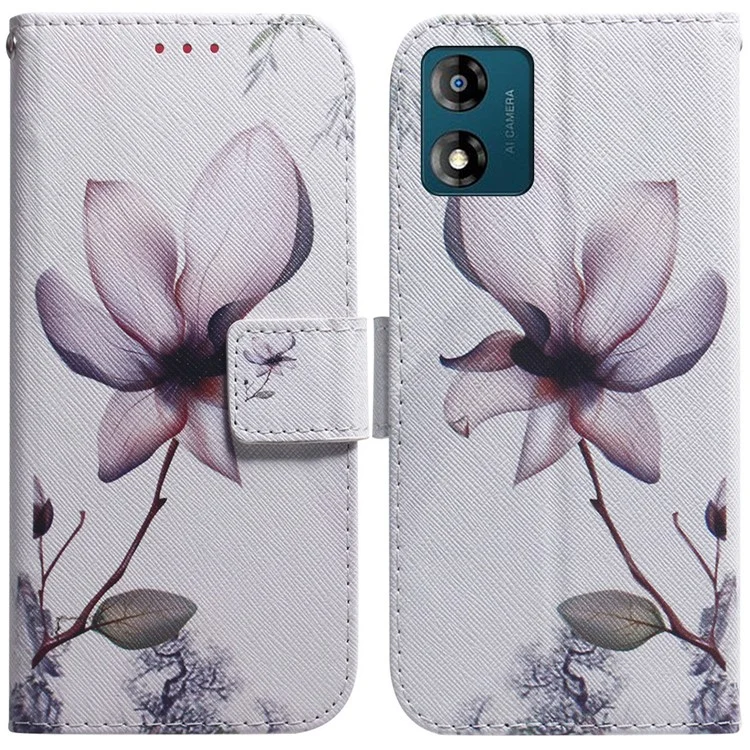 Capa de Carteira de Telefone para Motorola Moto E13 4G, Impressão de Padrão Antiabrasão, Capa de Couro - Flor Rosa