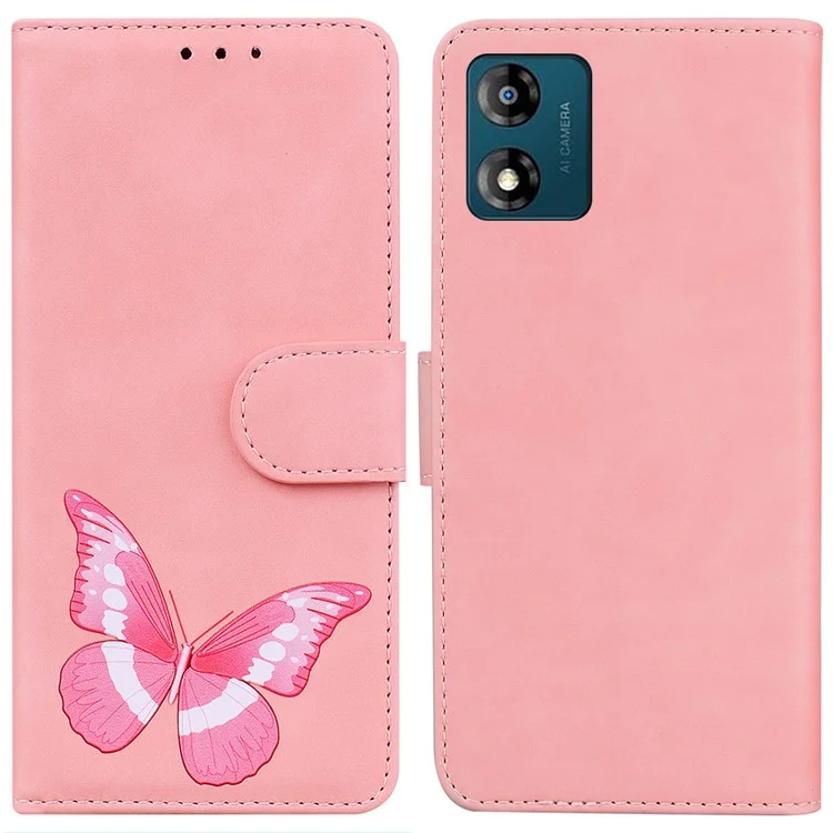 Para Motorola Moto E13 4G PU Leather Flip Stand Cover Butterfly Printing Wallet Phone Case - Pink