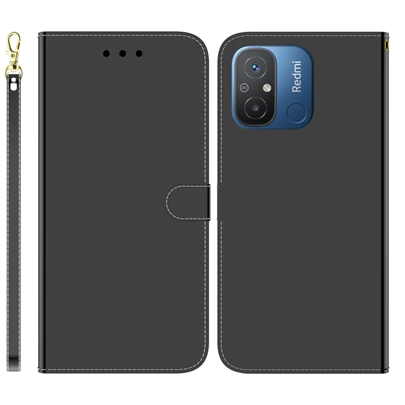 For Xiaomi Redmi 11A 4G / Redmi 12C 4G Phone Case Mirror-Like Surface Wallet Leather Cover with Stand - Black