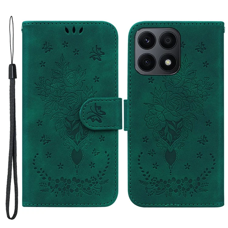 Phone Case for Honor X8a 4G Leather Flip Cover Rose Butterfly Imprinted Phone Shell with Wallet - Green