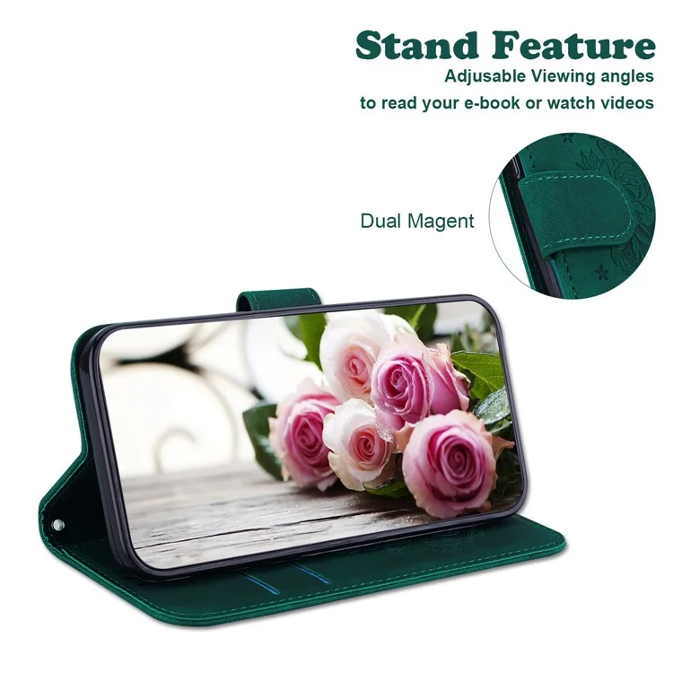 Phone Case for Honor X8a 4G Leather Flip Cover Rose Butterfly Imprinted Phone Shell with Wallet - Green