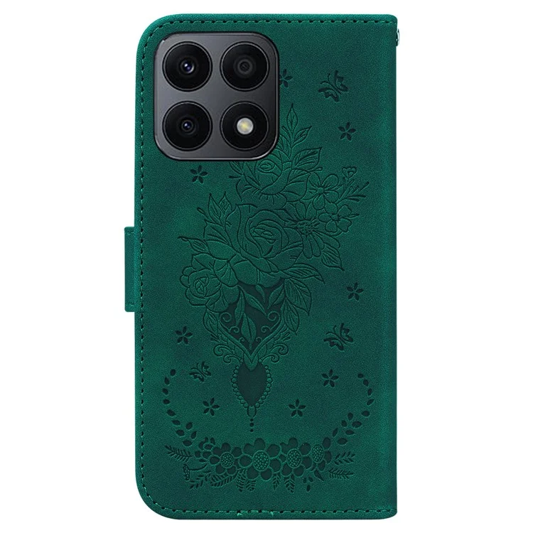Phone Case for Honor X8a 4G Leather Flip Cover Rose Butterfly Imprinted Phone Shell with Wallet - Green