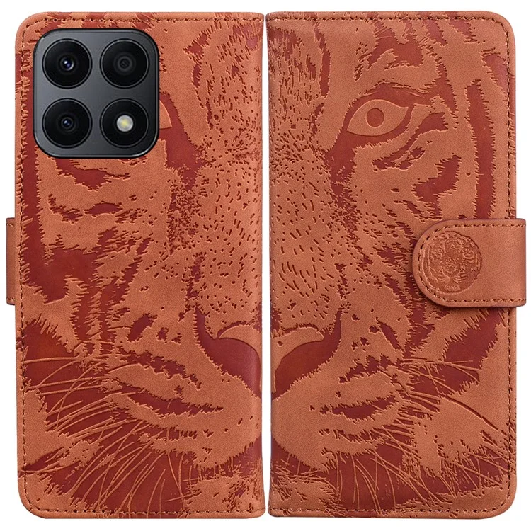 For Honor X8a 4G Portafoglio Custodia Tiger Imprinted Pelle PU Flip Folio Custodia per Telefono con Supporto - Marrone