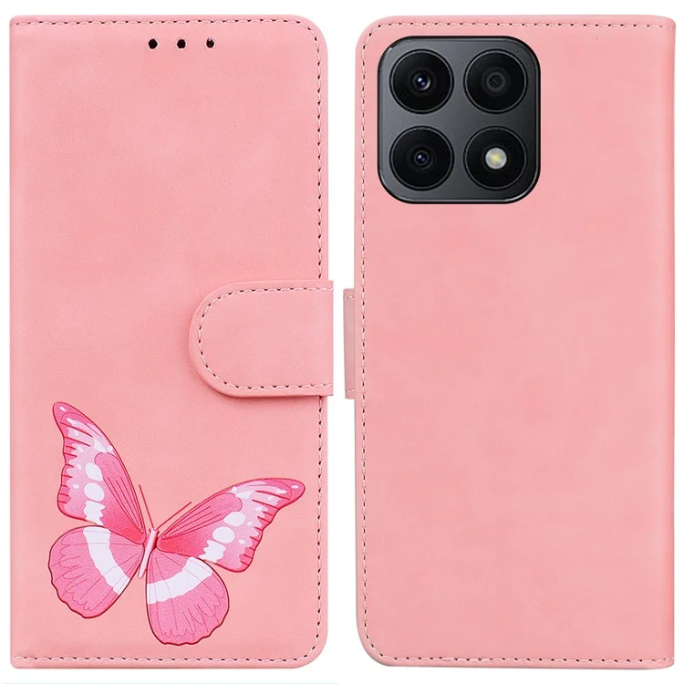 For Honor X8a 4G Anti-Fading PU Leather Phone Cover Butterfly Printing Wallet Stand Anti-drop Phone Case - Rosado