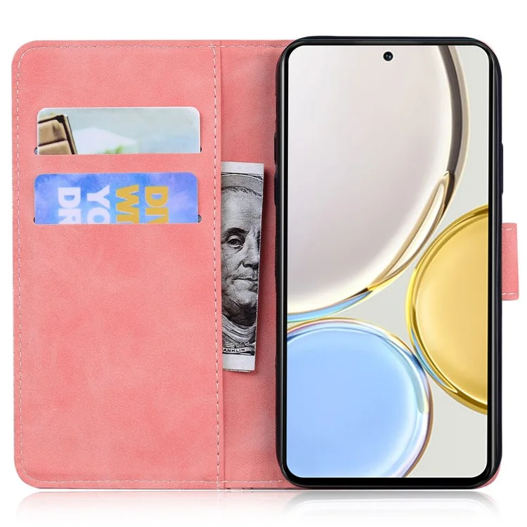 For Honor X8a 4G Anti-Fading PU Leather Phone Cover Butterfly Printing Wallet Stand Anti-drop Phone Case - Rosado
