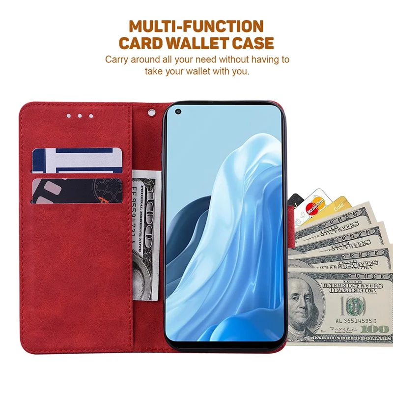 For Oppo Reno9 Pro 5G Wallet Phone Case Imprinted PU Leather Stand Phone Cover - Red