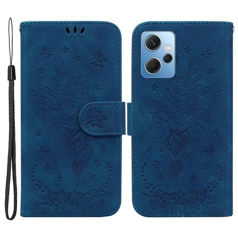 For Xiaomi Redmi Note 12 4G PU Leather Stand Case Rose Butterfly Imprinted Phone Shell Cover - Blue