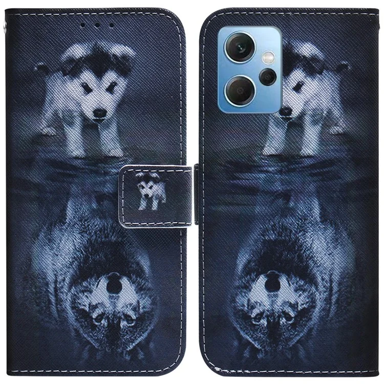 For Xiaomi Redmi Note 12 4G Shockproof Pattern Printing Phone Case Leather Wallet Shell - Dog and Wolf