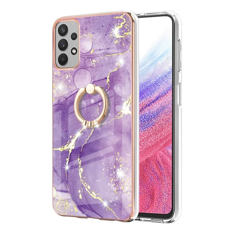 Para Samsung Galaxy A53 5G YB IMD Series-10 Marble Pattern Soft TPU Phone Case IMD Electroplating Ring Kickstand Cover - Purple 002