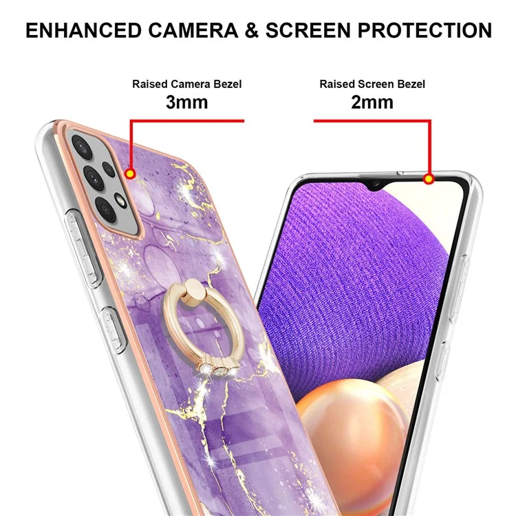 Para Samsung Galaxy A53 5G YB IMD Series-10 Marble Pattern Soft TPU Phone Case IMD Electroplating Ring Kickstand Cover - Purple 002