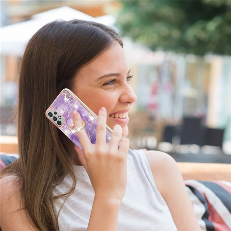Para Samsung Galaxy A53 5G YB IMD Series-10 Marble Pattern Soft TPU Phone Case IMD Electroplating Ring Kickstand Cover - Purple 002