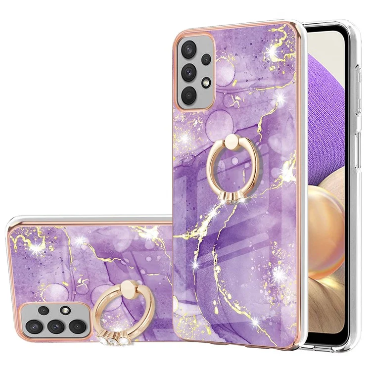 Para Samsung Galaxy A53 5G YB IMD Series-10 Marble Pattern Soft TPU Phone Case IMD Electroplating Ring Kickstand Cover - Purple 002