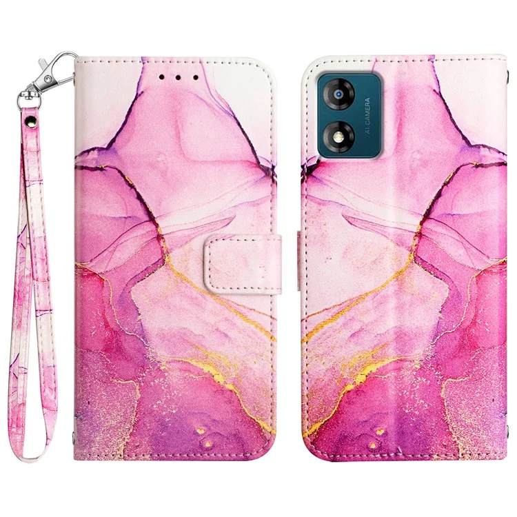 For Motorola Moto E13 4G Case with Strap Marble Pattern Leather Phone Cover Card Holder - Pink / Purple / Gold 001