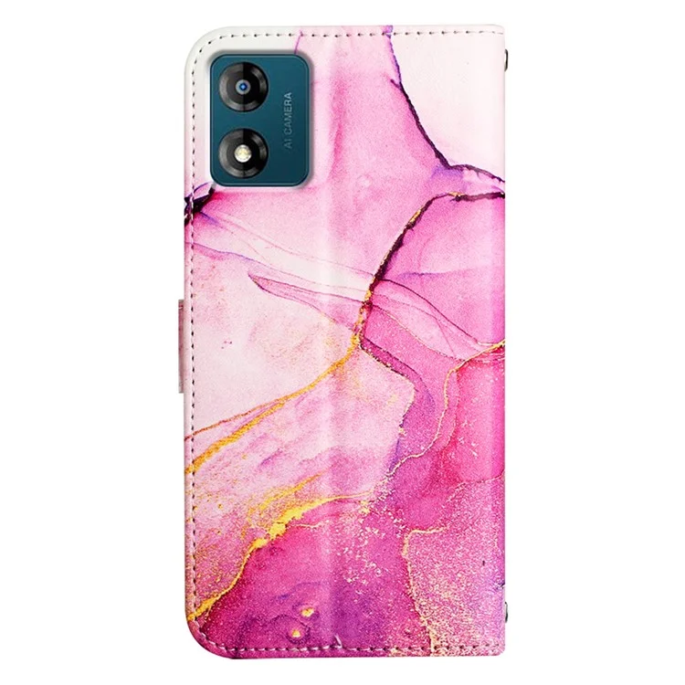 For Motorola Moto E13 4G Case with Strap Marble Pattern Leather Phone Cover Card Holder - Pink / Purple / Gold 001