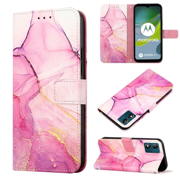 For Motorola Moto E13 4G Case with Strap Marble Pattern Leather Phone Cover Card Holder - Pink / Purple / Gold 001