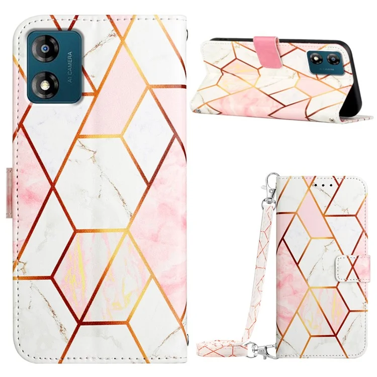 YB Pattern Printing Leather Series-6 Für Motorola Moto E13 4G Marble Pattern Wallet Phone Case PU Leather Cover - Pink / White LS002