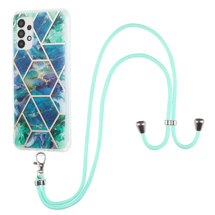 For Samsung Galaxy A23 4G / 5G (Global Version) Case with Long Strap Splicing IMD Marble Pattern TPU Back Cover - Blue / Green