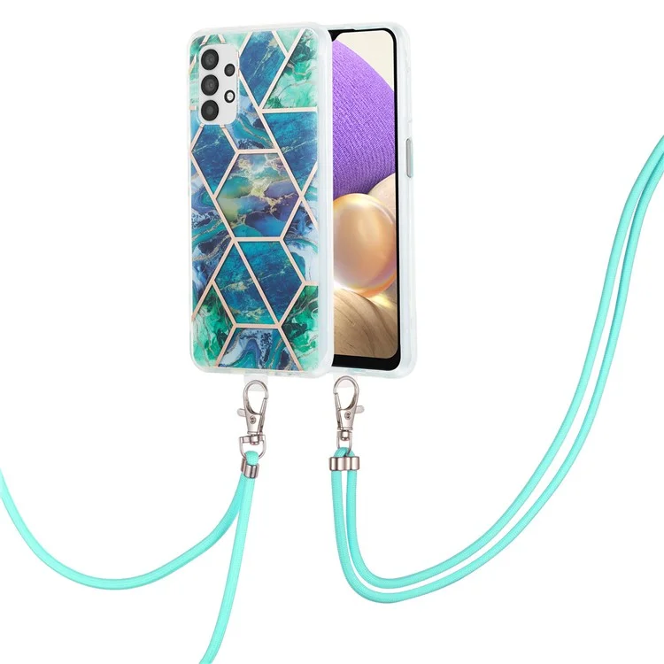 For Samsung Galaxy A23 4G / 5G (Global Version) Case with Long Strap Splicing IMD Marble Pattern TPU Back Cover - Blue / Green