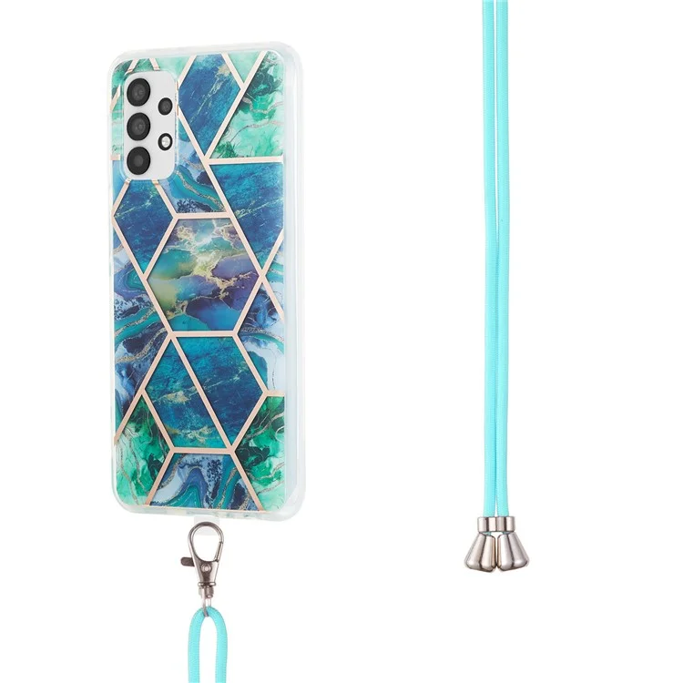 For Samsung Galaxy A23 4G / 5G (Global Version) Case with Long Strap Splicing IMD Marble Pattern TPU Back Cover - Blue / Green